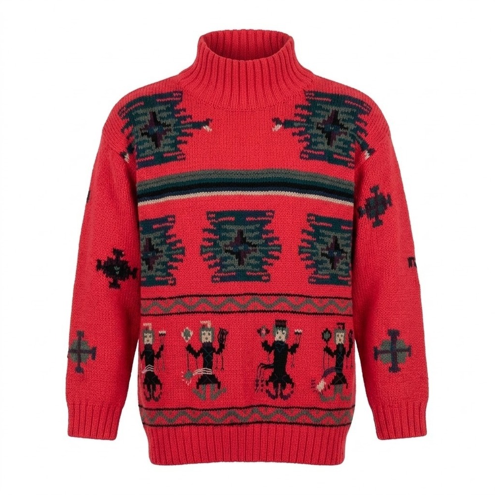 James Davis S / M Vintage Hand Knitted Cotton Red Southwest Kachina Sweater - CJ